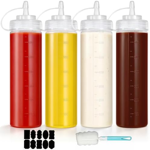 Furuising 4 Stück Saucenflasche Squeeze Flasche mit Kappen,Reinigungsbürste