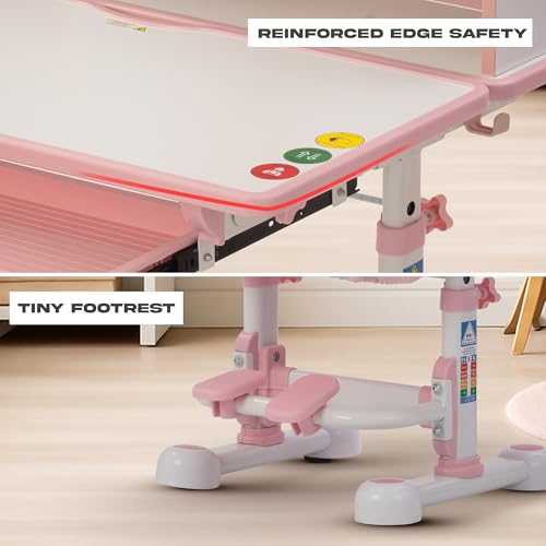 Image of BAYBEE Baby Study Table with Chair for Kids | Ergonomic Study Table with Height Adjustable Desk & Chair | Functional Study Desk with Book Storage, Drawer, Multi Shelf, Footrest for 2+ Years kids(Pink)