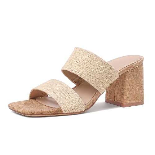 Image of Ancomafio Heeled Sandals for Women Raffia Sandals 2025 Chunky Block Heels Square Open Toe Heels Double Strap Summer Dressy Shoes Slip On
