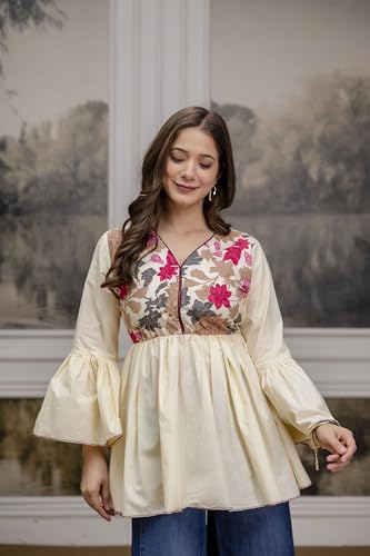 Image of AHMI New Cotton Floral Printed Flared Casual Tunic Kurta for Women | Women Tunic Top