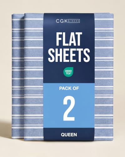 Queen Size Flat Sheet - Pack of 2 Top Flat Bed Sheet Only - Blue Stripes