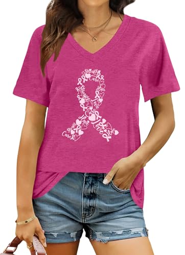 Breast Cancer Shirt Women Pink Ribbon Shirts Breast Cancer Awareness Tee Cancer Survivor V Neck Tshirts