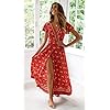 PRETTYGARDEN Women's Casual Long Summer Dresses Boho Floral Wrap V Neck Short Sleeve Split Maxi Beach Dress (Red -1,Medium)