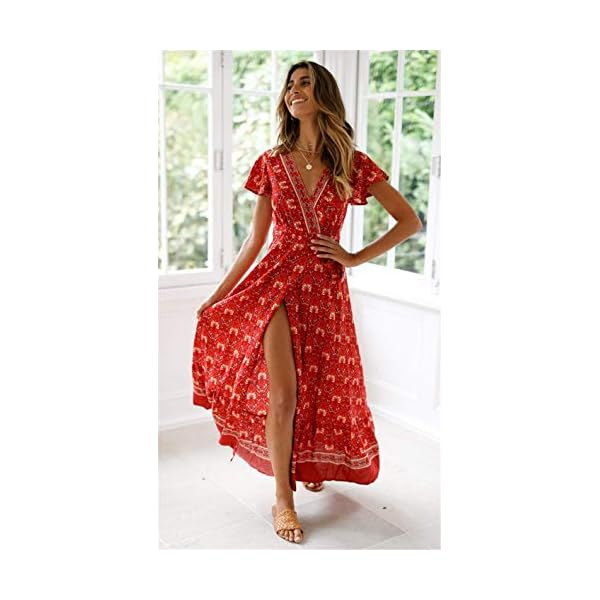PRETTYGARDEN Women's Casual Long Summer Dresses Boho Floral Wrap V Neck Short Sleeve Split Maxi Beach Dress (Red -1,Medium)