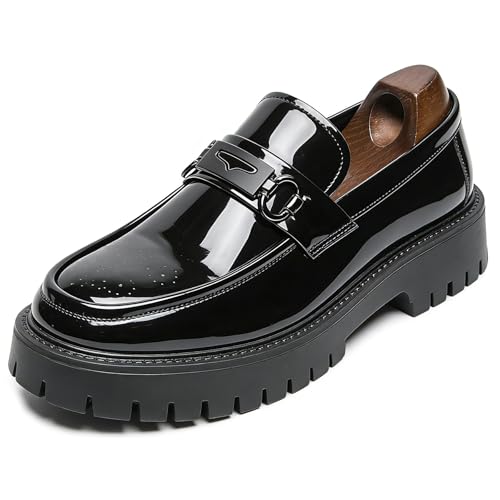Men's Fashion Platform Loafers Patent Leather Chunky Dress Shoes Comfort Non-Slip Slip-On Lug Sole Casual Shoes for Party Business & Daily Wear (Black B,7)