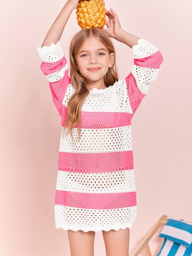 Image of Batermoon Girls Crochet Long Sleeve Swimsuit Cover Up Kids Fashion Hollow Out Swimwear Beach Dress 5-14 Years