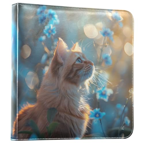 JIPONI Flowers with Beautiful Cat Large Photo Album, DIY Leather Cover Scrapbook Albums for 4x6 5x7 6x8 Pictures, Self Adhesive Memory Book for Wedding, Baby, Family