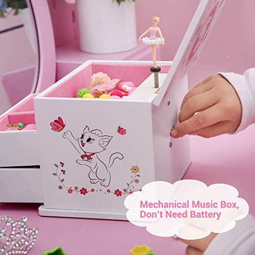 SONGMICS Ballerina Music Jewelry Box for Little Girls, Cartoon Cat, Fur Elise Melody, 5.9"L x 4.5"W x 4.8"H, White