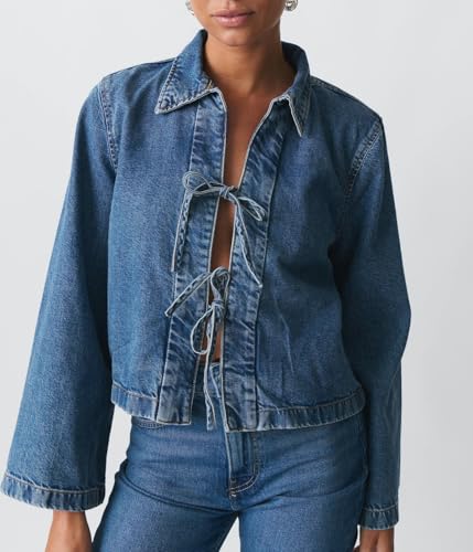 Women Fashion Cropped Denim Jacket Tie Front Lapel Neck Long Sleeve Jean Coat Lightweight Shacket Fall Blouse2