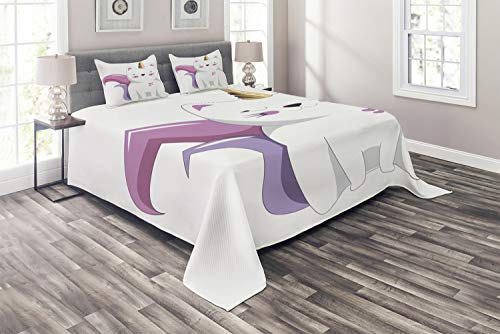 Ambesonne Unicorn Cat Coverlet, Fictitious Horned Character Face Expression Girls, 3 Piece Decorative Quilted Bedspread Set with 2 Pillow Shams, King Size, Pale Pink Orange Lilac