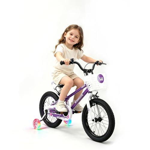 Image of WinHope 12-18 Inch Kids Bike with Light up Training Wheels for Boys Girls | Dual Brake Bicycle with Basket Adjustable Seat Water Bottle for Summer Riding Birthday Gift for Toddler 2-9 Years