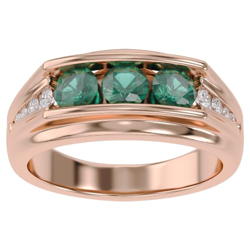 Men's Wedding Band Ring Center 4.20mm Round Cut Green Emerald Gemstone with Round Cut Side Lab Grown Diamond Engagement Ring in 10K Solid Rose Gold - Size 8.5