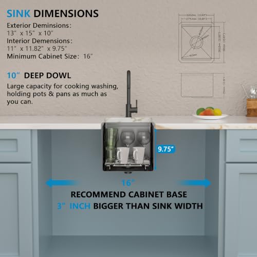 Image of 13 inchx15 inch Black Bar Prep Sink Undermount Workstation | Gunmetal Black NANO-PVD 16 Gauge T304 Stainless Steel Single Bowl Under Counter Basin for RV Kitchen Wet Bar Prep Station