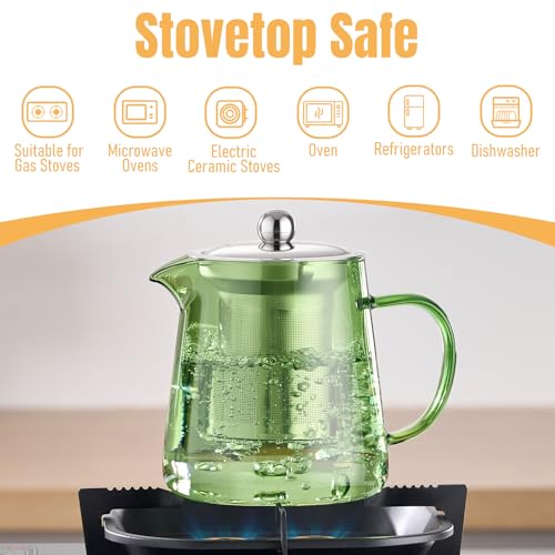 Image of PARACITY Glass Teapot Stovetop 32OZ, Borosilicate Clear Tea Kettle with Removable 18 /8 Stainless Steel Infuser, Teapot Blooming and Loose Leaf Tea Maker Tea Brewer (Green, 550ML)