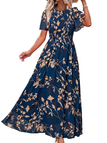 Image of Simplee Womens Casual Floral Summer Maxi Dress 2026 Boho Flowy Short Sleeve Crew Neck Vacation Smocked Chiffon Dresses
