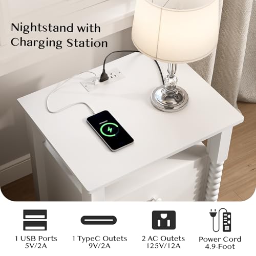 Image of JOINICE White End Table Set of 2 with Charging Station, Jenny Lind Spindle | Bedside Table for Bedroom, Living Room, Kids Room, Nightstand with 2 Large Drawers, Solid Wood Legs, Easy Assembly