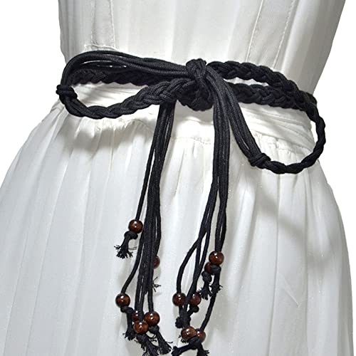 YOU&M Women's Hand-Weave Wax-Rope Tether Vintage with Wooden Beads Classic No Buckle Waist Belt3