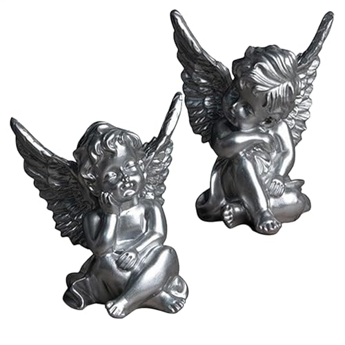 Lot de 2 statues d'ange pour décoration d'intérieur en résine - Chérubin - Figurines d'ange de jardin - Sculpture d'ange pour décoration de jardin
