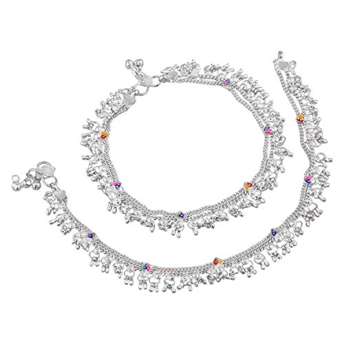 Efulgenz Indian Silver Tone Bell Charms Tassel Chain Anklet Set Bracelet Payal Foot Jewelry