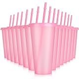 Hxezoc 16-Piece Reusable Cups with Lids and Straws, 24 oz Glitter Plastic Tumbler Iced Coffee Cups Travel Mugs for Smoothies, Juices, Beach, Bachelor Party (Light Pink)