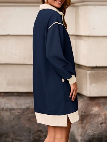 Image of Wenrine Womens Half Zip Sweatshirt Dress Fall V Neck Contrast Mini Dresses