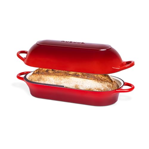 Enamelled Cast Iron Bread Loaf Pot – Dutch Oven For Sourdough Bread Baking – Oven Safe Non Stick Bread Pot – Rectangular, Red, 34cm x 16cm – by Nuovva