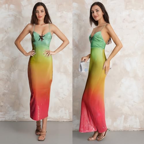 Image of Owl's-Yard Women Sexy Maxi Dress Y2K Spaghetti Strap Floral Print Low Cut Backless Slim Fit Sequins Long Cocktail Dress
