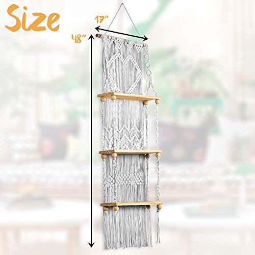 Snuglife Macrame Wall Hanging Shelf - 3 Tier Wall Shelves With Handmade Woven Rope - Boho Shelves Organizer Hanger For Kitchen, Bathroom, Home Storage, Floating Indoor Plant Wall Shelf (Pine Wood) #TOP6