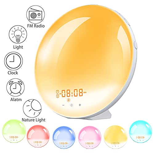 Luz LED para despertar, simulador de amanecer, despertar luminoso temporal, 20 niveles de brillo simulador de amanecer y atardecer, 8 sonidos naturales con función Snooze Nightlight