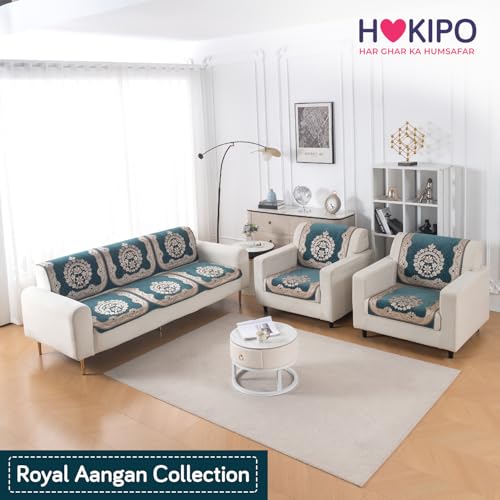 Image of HOKIPO Shahi Teal Premium Chenille Jacquard Sofa Cover 5 Seater Set - Washable 3+1+1 Sofa Cover for Seat & Back | 'Royal Aangan Series' (IN-1008-L2*2 + IN-1006-L2*4)