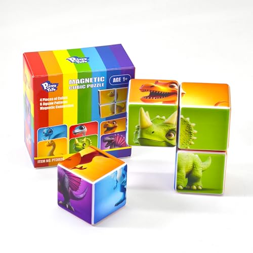 Image of Pairez Toys Magnetic Blocks for Toddlers, Dinosaur Toys Puzzle Cubes for Kids, Sensory Toys for Kids Ages 1-3 Year Old Boys & Girls, 6 Dinosaur Building Ideas