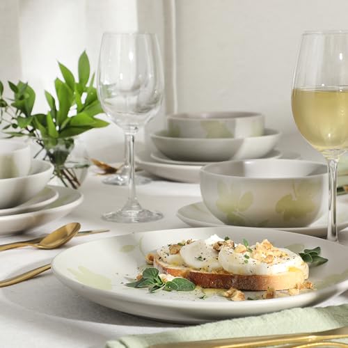 Image of Gibson Home Admiral Hall Plates and Bowls Set, 16-Piece Floral Dinnerware Set, Green Stoneware Dish Set, Dinner Plates, Salad Plates, Pasta Bowls & Cereal Bowls
