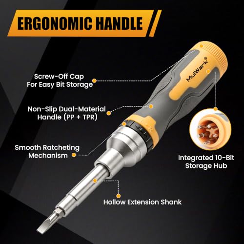 Image of Mulwark 16-in-1 Ratcheting Multi-Bit Screwdriver Set, S2 Steel Screwdriver with 1 /4 inch & 5 /16 inch Nut Drivers, Nickel Coated Anti-Rust screw driver, Max Torque Soft Handle for Home Repair & DIY