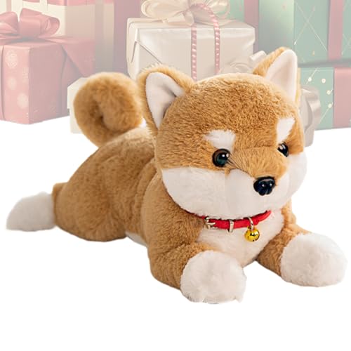 shjxi Hund Plüschtier - 38 Zentimeter Süßer Realistischer Welpe mit Einer Glocke,Liegende Hunde Kuscheltiere Realistisch,Für Babys Kleinkinder Geburtstag Weihnachten Halloween Interaktiv