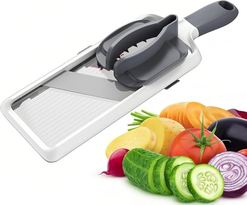 JICUICUI Professional Mandoline Slicer Adjustable Stainless Steel Blades Safety Food Guard Ergonomic Non-Slip Handle Manual Vegetable & Fruit Slicer for Kitchen Prep Gray