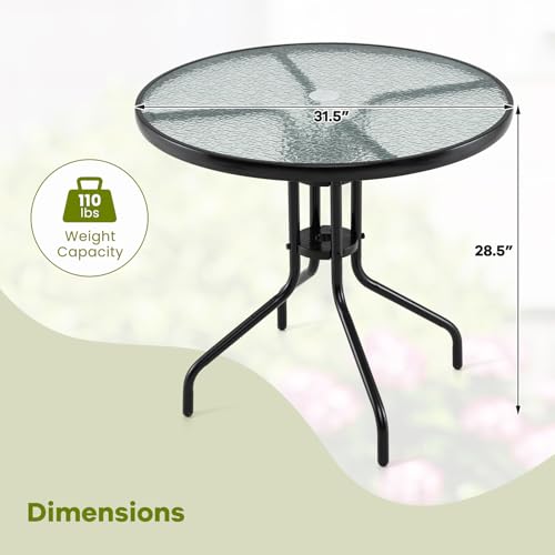 Image of Giantex 31.5 inch Outdoor Bistro Table, Patio Round Dining Table w /Tempered Glass Tabletop & 2 inch Umbrella Hole, Heavy-Duty Metal Frame for Garden Yard Poolside Porch (31.5 inchx31.5 inchx28.5 inch)