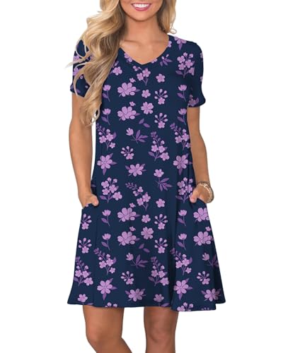 Image of COSSEN Women's Casual T Shirt Dress V-Neck Short Sleeves Swing Dresses Birthday Party Summer Travel Beach with Pocket
