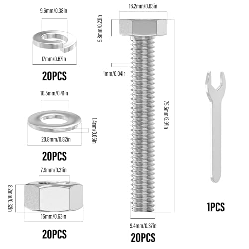 Image of 20PCS 3 /8-16 x 3 304 Stainless Steel Fully Threaded Bolt with Nut Flat & Lock Washers and Spanner
