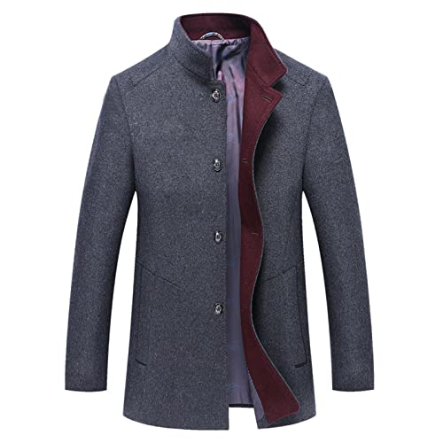 Maiyifu-GJ Men Winter Wool Blend Trench Coat Single Breasted Slim Fit Business Pea Coat Stand Collar Long Windproof Overcoat (Dark Grey,195)