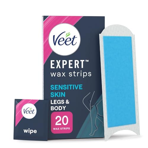 Veet Expert Cold Wax for Sensitive Skin Hair Removal On Legs & Body 20 Strips + 2 Finish Wipes Effective for Men Smooth Results