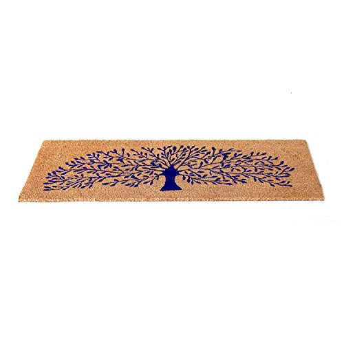 Onlymat Natural Coco Coir Beige&Blue Tree Printed Anti-Slip Rectangular Doormat, Heavy Duty, Large & Thick Entryway Rug With Pvc Backing For Indoor, Outdoor, Patio, Home And Office (120 X 1.5 X 40Cm)
