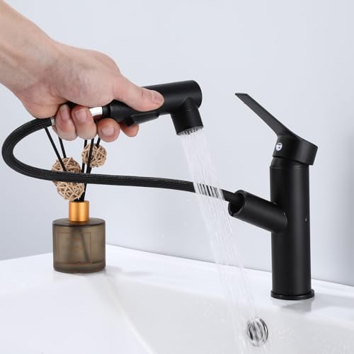 Sumeber - Rubinetto per il bagno, rubinetto per lavabo con doccetta estraibile, ideale per lavare i capelli, miscelatore a una manopola con bocca girevole (3 funzioni Nero)