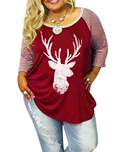 Plus Size Women Christmas Reindeer Print Raglan Sleeve Shirt 3/4 Sleeve Striped Patchwork Tops Tees Size XL (Red)