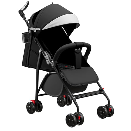Passeggino a canna compatto, con posizione allungata, dalla nascita ai 4 anni (fino a 25 kg), seduto o sdraiato, maniglia regolabile, carrozzina a 4 ruote con tappetino in cotone + zanzariera - 47 x