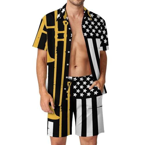 United States Flag Trombone Men's Hawaiian Shirt Button Down Top Shorts 2 Piece Outfits