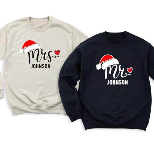 MONIART Personalized Couple Christmas Sweatshirts and Hoodies, Custom Mr and Mrs Matching Holiday Outfits, Festive Couples Christmas Apparel3