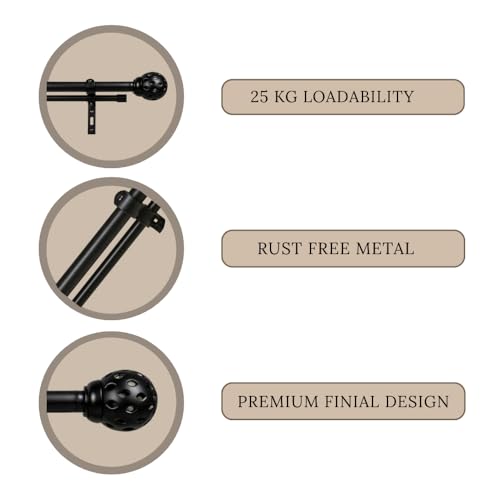 Image of 84 inch-144 inch Adjustable Double Curtain Rod For Door & Windows With Brackets Set Curtains Hanging Extendable Iron Metal Pipe Holder With Perforated Black Metal Finial (Black, 0.75 inch Diameter)