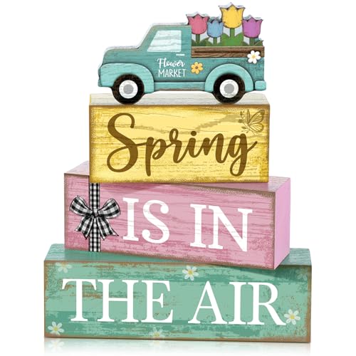 Image of Moucuny 4 Pcs Spring Table Decor Wooden Blue Truck Decoration Flower Centerpiece Spring Tiered Tray Decor Decorative Colorful Flower Block Signs Gift Farmhouse Decoration for Home Kitchen
