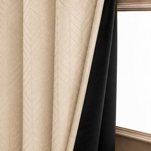 Image of LINENWALAS 100% True Blackout Door Curtains 7.5 Feet Long Set of 2 |Embossed Herringbone Leaf Design |Room Darkening Curtain |Thermal Insulated Curtains for Living Room, Bedroom (129 x 229 cm, Beige)