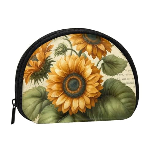 Portable Coin Purse Vintage-Sunflower-Floral Mini Zippered Money Pouch Card Holder